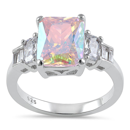 Sterling Silver Iridescent Emerald Cut CZ Ring