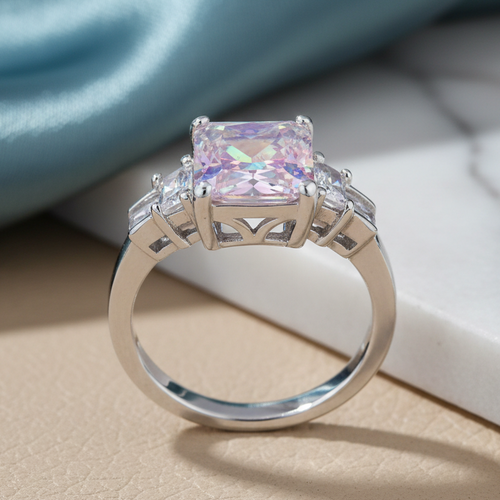 Sterling Silver Iridescent Emerald Cut CZ Ring