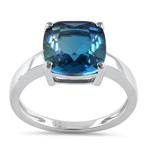 Sterling Silver Bi-Color Blue Green Ombre Cushion Cut CZ Ring