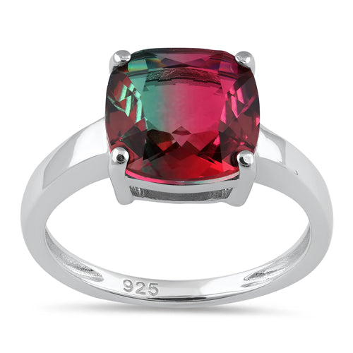 Sterling Silver Bi-Color Watermelon Cushion Cut CZ Ring