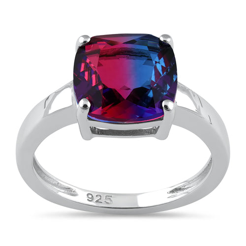 Sterling Silver Bi-Color Blue & Red Ombre Cushion Cut CZ Ring
