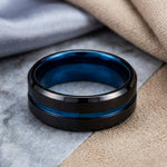 Titanium Black and Blue 8mm Brushed with Stripe Band Ring