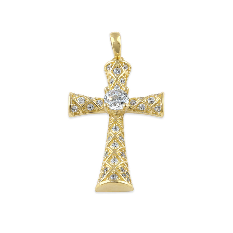 Solid 14K Gold Textured Pattern Cross CZ Pendant