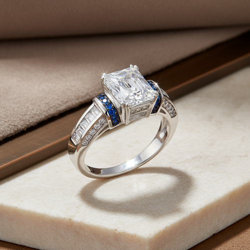 Sterling Silver Emerald-Cut Blue CZ Ring