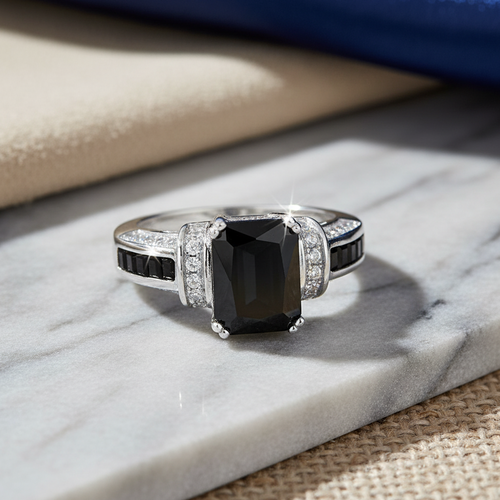 Sterling Silver Black Emerald-Cut CZ Ring