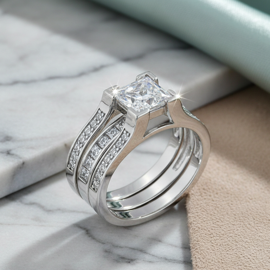 925 Sterling Silver Princess Cut CZ Wedding Ring Set – 2.55ct, Unisex, Nickel-Free