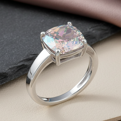 Sterling Silver Cushion-Cut Iridescent Rainbow CZ Ring