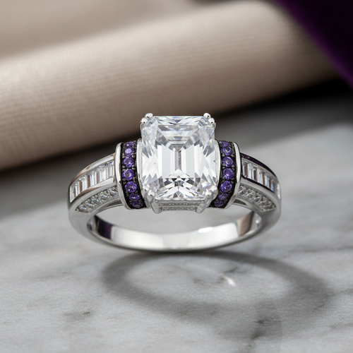 Sterling Silver Emerald-Cut Purple CZ Ring