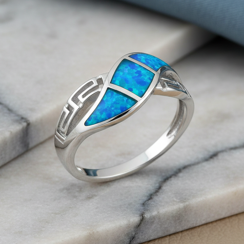 Sterling Silver Greek Pattern Blue Lab Opal Ring