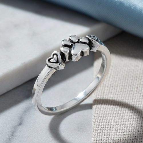 Sterling Silver Pet Love Paw & Hearts Ring