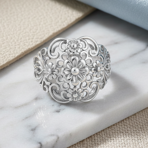 Sterling Silver Intricate Flowers Ring
