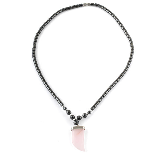 18" Pink Flat Tooth Stone Hematite Necklace