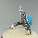 Sterling Silver Fleur de Lis Simulated Turquoise Marcasite Ring