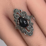 Sterling Silver Pear Shape Black Onyx Marcasite Ring