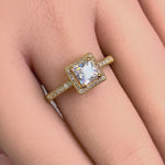Solid 14K Yellow Gold Princess Cut Frame Halo CZ Engagement Ring