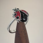 Sterling Silver Black Onyx and Enamel Ladybug Marcasite Ring