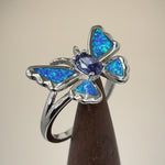 Sterling Silver Lab Opal Butterfly Tanzanite CZ Ring