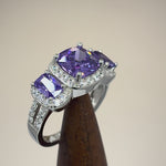 Sterling Silver Purple 3 Stone Halo CZ Ring