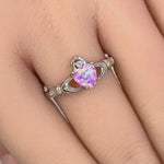 Sterling Silver Claddagh Pink Lab Opal CZ Ring