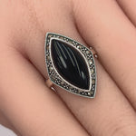 Sterling Silver Marquise Black Onyx Marcasite Ring