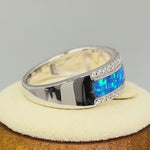 Sterling Silver Long Bar Blue Lab Opal CZ Ring