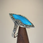 Sterling Silver Simulated Turquoise Marquise Marcasite Ring