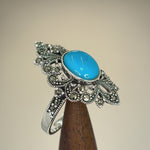 Sterling Silver Fleur de Lis Simulated Turquoise Marcasite Ring