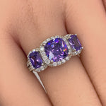 Sterling Silver Purple 3 Stone Halo CZ Ring