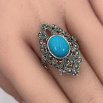 Sterling Silver Fleur de Lis Simulated Turquoise Marcasite Ring