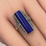 Sterling Silver Blue Lapis Tall Marcasite Ring