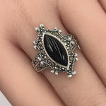 Sterling Silver Marquise Black Onyx Marcasite Ring
