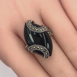 Sterling Silver Black Onyx Oval Wrap Marcasite Ring
