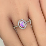 Sterling Silver Pink Lab Opal and Clear CZ Oval Halo Ring
