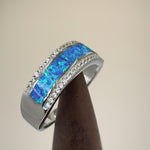 Sterling Silver Long Bar Blue Lab Opal CZ Ring
