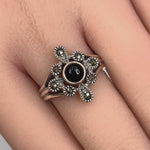 Sterling Silver Black Onyx Flower Marcasite Ring