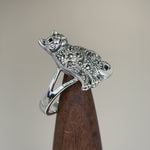 Sterling Silver Clever Cat Round Cut Garnet CZ Marcasite Ring
