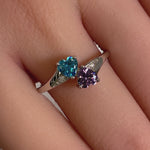 Sterling Silver Double Heart Amethyst CZ & Aquamarine CZ Ring