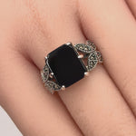 Sterling Silver Black Onyx Square Butterfly Marcasite Ring