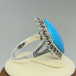 Sterling Silver Simulated Turquoise  Diamond Shape Marcasite Ring