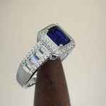 Sterling Silver Emerald Cut Blue Sapphire Clear CZ Ring