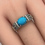 Sterling Silver Simulated Turquoise Oval Marcasite Ring