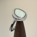 Sterling Silver Unique White Lab Opal Offset Halo CZ Ring