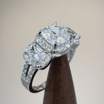 Sterling Silver 3 Stone Halo Engagement CZ Ring