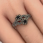 Sterling Silver Black Onyx Double Flower Marcasite Ring
