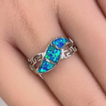 Sterling Silver Greek Pattern Blue Lab Opal Ring