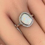 Sterling Silver Unique White Lab Opal Offset Halo CZ Ring