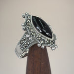 Sterling Silver Marquise Black Onyx Marcasite Ring