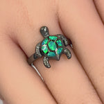 Sterling Silver  Black Rhodium Plated Turtle Green Lab Opal Ring