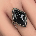 Sterling Silver Black Onyx Diamond Shape Marcasite Ring