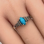 Sterling Silver Simulated Turquoise Marquise Marcasite Ring